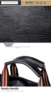 Detail of black pebbled leather texture and classic red and green striped webbing handle