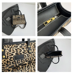 Detail shots of leopard print tote bag with black leather trim and gold hardware accents