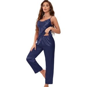 Women's dark blue silk satin pajama set with sleeveless camisole and loose long pants
