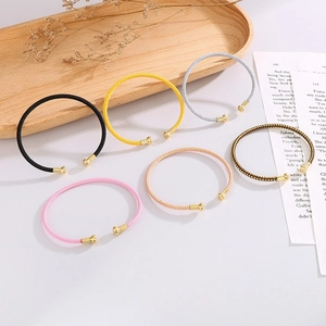 Minimalist woven cord C-shaped open bracelets with elegant golden metal caps in multi colors