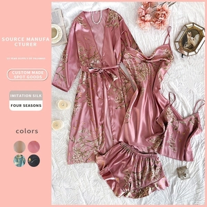 Pyjamas Femme Grande Taille Robe Robe Nuisette Cami Shorts Satin Imitation Satin Imprimé Fleuri Col V Vêtements De Nuit