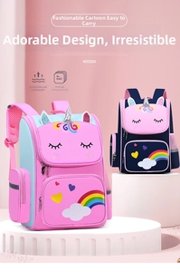Detail of 3D unicorn horn and sequin ears on ergonomic children's school backpack