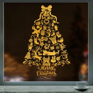 Golden glitter Christmas tree window sticker featuring Santa, reindeer and snowman decals