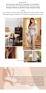 Close-up of premium satin pajama set featuring elegant floral patterns and champagne silk