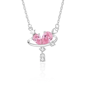 S925 Sterling silver necklace with pink heart zircon pendant and planet ring design
