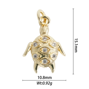 Golden sea turtle pendant with crystal rhinestones, measuring 15.1mm by 10.8mm