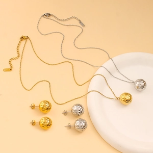 Polished stainless steel soccer ball pendant necklace and stud earring set in gold and silver