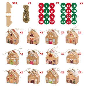 24Pcs Christmas advent calendar gingerbread house boxes set with rope and stickers