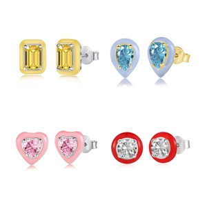 925 Sterling Silver Stud Earrings Colorful Enamel Border Heart Waterdrop Square Zirconia Geometric Elegant Jewelry Women