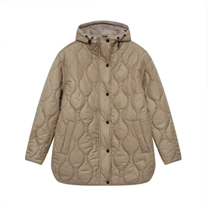 Women's khaki quilted hooded jacket with classic diamond stitch pattern and snap buttons