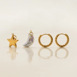 Asymmetric Hoop Earrings Stainless Steel 18K Gold Plated Star Moon Artificial Baroque Pearl Pendant Waterproof Jewelry For Women