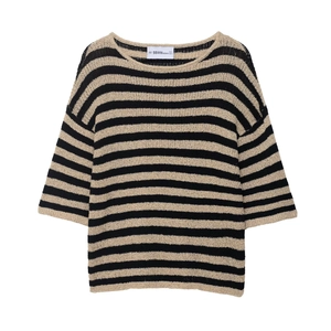 Haut En Tricot Rayé Pour Femmes Col Rond Demi Manches Mélange Polyester Acrylique Pull Chic Décontracté