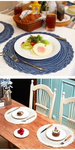 Detail of round braided placemats in blue and beige showing woven texture and dining setup