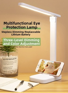 Adjustable LED desk lamp featuring stepless dimming and a built-in mobile phone holder