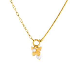 Gold butterfly and pearl pendant necklace with asymmetric chain design on white background
