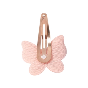 Detail view of the metal BB clip attachment on the back of pink lace butterfly hairpins