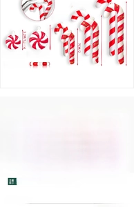 Size chart showing red and white striped Christmas candy cane ornaments with dimensions
