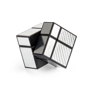 Black and silver 2x2 mirror cube puzzle toy showing unique asymmetric geometric shapes