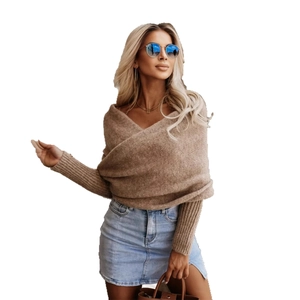 Maglione in maglia marrone con scollo a V e spalle scoperte stile sciarpa trendy