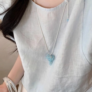 Light blue glass bead grape cluster pendant necklace on silver chain for women