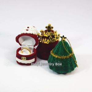 Christmas themed velvet jewelry boxes including Santa, gift bag and Xmas tree designs