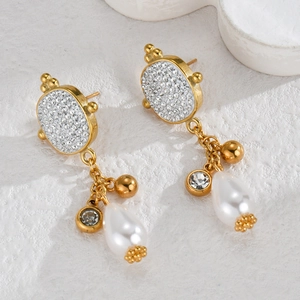 Böhmische 18K Goldohrringe mit Diamanten, Perlen und Wassertropfen-Kristallanhängern