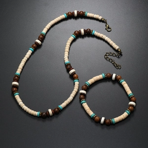 Ensemble collier et bracelet bohème en noix de coco et perles de bois pour hommes
