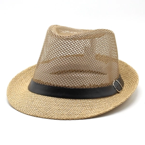 Chapeau Fedora Été Unisexe Maille Respirante Évidée Paille De Papier Panama Casquette Solaire Bande Cuir Boucle Métal Plage