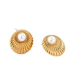 Golden round earrings with white pearl center and radial shell texture on white background