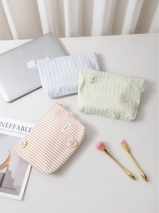 Borsa Per Trucco In Tela A Righe Grande Capacità Organizer Da Viaggio Con Fiore 3D Pochette Per Cosmetici