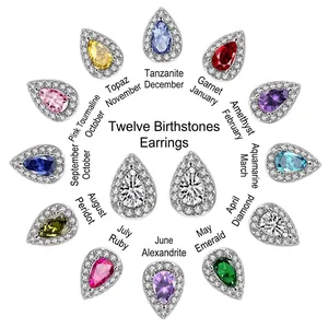 925 Sterling Silver Pear Shaped Birthstone Stud Earrings For Women Clear Zirconia Halo Water Drop Dainty Fashion Jewelry Gift