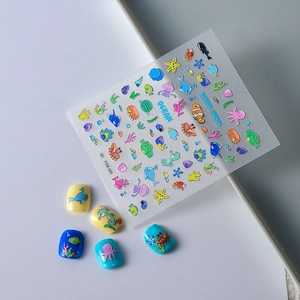 Detailed 5D embossed ocean animal nail stickers with seahorse and fish designs