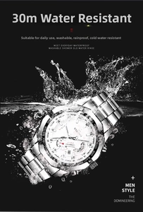 Dynamic view of silver stainless steel chronograph watch submerged in water with splashes