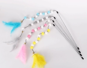 Detailed set of 4 colorful cat teaser sticks with plush balls, feathers, and bells