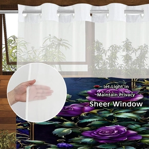 Sheer white curtain with purple rose floral print and silver metal rings for bathroom