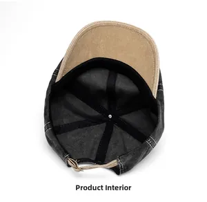 Internal view of washed black denim flat cap with reinforced stitching and khaki sweatband