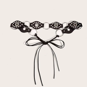 Retro Punk Y2K Women Metal O-Ring Studded Patchwork Belt Gothic Artificial Leather Lace-up Waistband Decorative Accessories