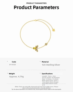 Detail of S925 sterling silver bee bracelet with yellow zircon and 16+5cm chain specs