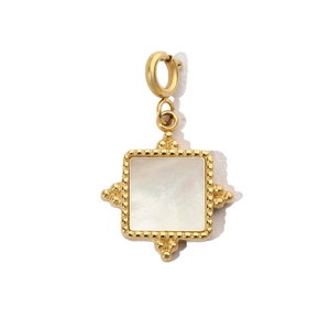 Macro view of square 18k gold pendant featuring natural white mother of pearl inlay