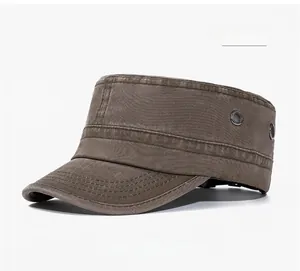 Detail view of coffee washed cotton military cap with side metal air vents and stitching