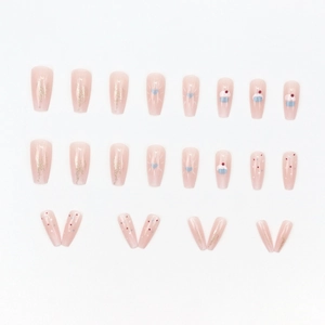 24pcs nude pink press-on nails with blue hearts and cupcake art in short coffin shape