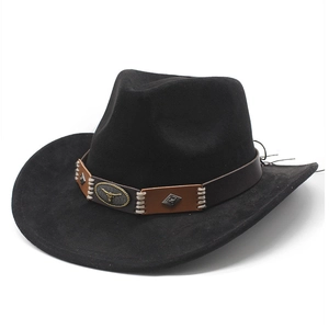 Close-up of black western cowboy hat featuring a leather band and metal bull head emblem
