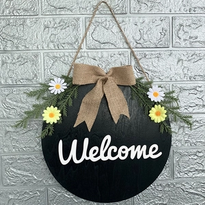 Farmhouse Circular Wood Welcome Sign For Front Door Deep Blue Welcome Plaque With Bow And Artificial Greenery Flowers Decor