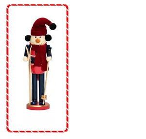 Detailed 30cm wooden snowman nutcracker on skis with red hat and white scarf