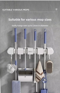 Wall-mounted suction mop holder with hooks fits 1.8cm to 2.8cm handles for bathroom storage