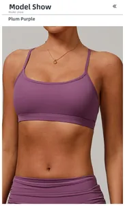 Detail of plum purple quick-dry yoga sports bra with thin straps and open back design