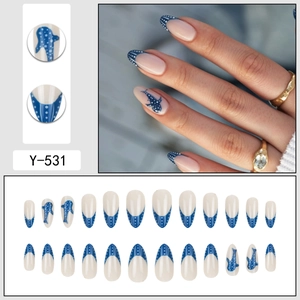 Blue whale ocean wave almond press-on nails with French gradient summer beach design
