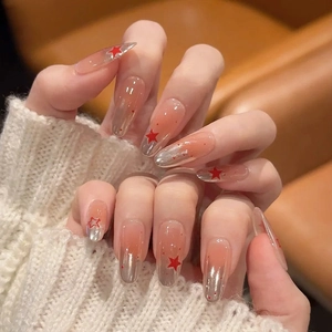 Press On Nails Amande Motif Étoile Rouge Paillettes Argentées Dégradé Rose Style Sweet Cool Femmes