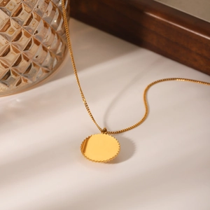 French vintage round textured stainless steel necklace with gold pendant and box chain