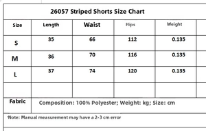 Size chart for striped shorts with detailed measurements in cm and polyester fabric info